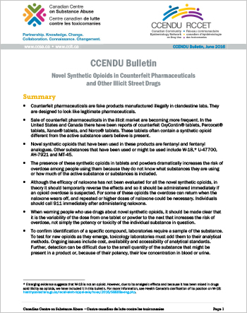 Novel Synthetic Opioids in Counterfeit Pharmaceuticals and Other Illicit Street Drugs (CCENDU Bulletin)