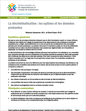 La décriminalisation : les options et les données probantes (Document d’orientation)