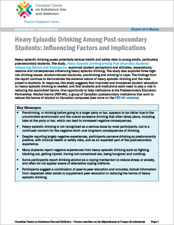 Heavy Episodic Drinking Among Post-secondary Students: Influencing Factors and Implications (Report at a Glance)