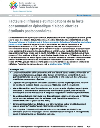 Facteurs d’influence et implications de la forte consommation épisodique d’alcool chez les étudiants postsecondaires (Survol du rapport)