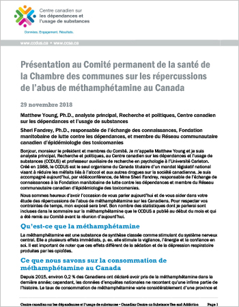 Présentation au Comité permanent de la santé de la Chambre des communes sur les répercussions de l’abus de méthamphétamine au Canada