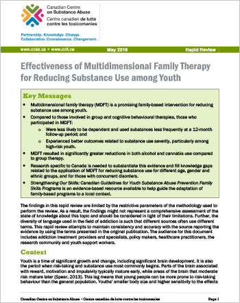 Effectiveness of Multidimensional Family Therapy for Reducing Substance Use among Youth (Rapid Review)