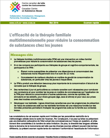 L’efficacité de la thérapie familiale multidimensionnelle pour réduire la consommation de substances chez les jeunes (Examen rapide)