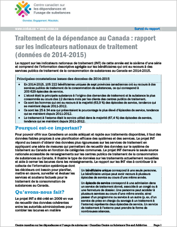 Traitement de la dépendance au Canada : rapport sur les indicateurs nationaux de traitement : Données de 2014-2015 (Survol du rapport)