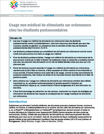 Usage non médical de stimulants sur ordonnance chez les étudiants postsecondaires (Résumé thématique)