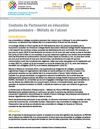 Contexte du Partenariat en éducation postsecondaire – Méfaits de l’alcool