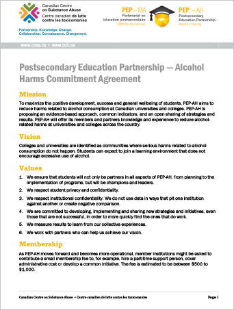 Postsecondary Education Partnership — Alcohol Harms Commitment Agreement