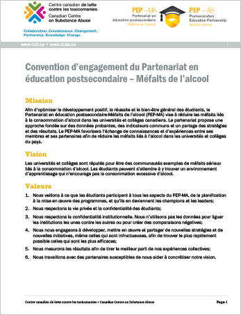 Convention d’engagement du Partenariat en éducation postsecondaire – Méfaits de l’alcool