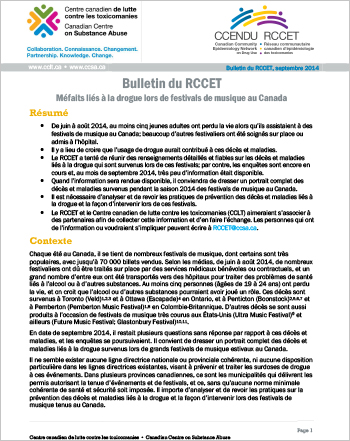 Méfaits liés à la drogue lors de festivals de musique au Canada, Juin à Août 2014 (Bulletin du RCCET)