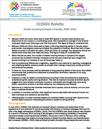 Deaths Involving Fentanyl in Canada, 2009–2014 (CCENDU Bulletin)