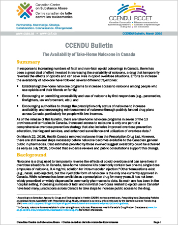 The Availability of Take-Home Naloxone in Canada (CCENDU Bulletin)