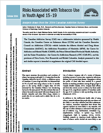 Risks Associated with Tobacco Use in Youth Aged 15–19: Analysis Drawn from the 2004 Canadian Addiction Survey