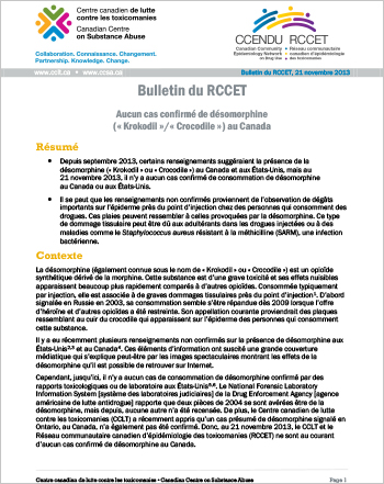 Aucun cas confirmé de désomorphine (« Krokodil »/« Crocodile ») au Canada (Bulletin du RCCET, 21 novembre 2013)