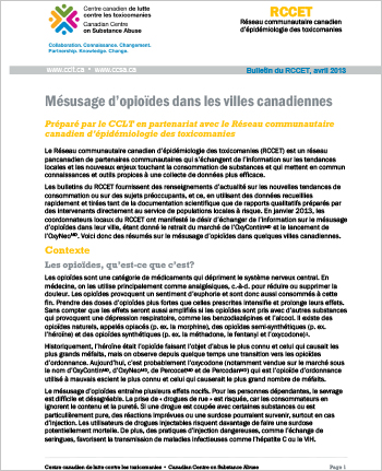 Mésusage d’opioïdes dans les villes canadiennes (Bulletin du RCCET, avril 2013)