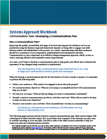 Systems Approach Workbook: Communications Tools: Developing a Communications Plan