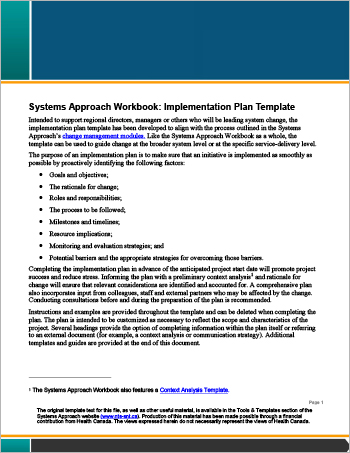 Systems Approach Workbook: Implementation Plan Template