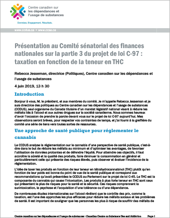 Présentation au Comité sénatorial des finances nationales sur la partie 3 du projet de loi C-97 : taxation en fonction de la teneur en THC 