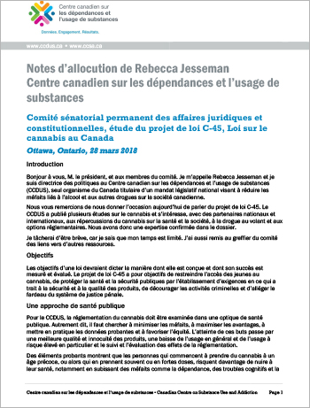 Présentation au Comité sénatorial permanent des affaires juridiques et constitutionnelles, étude du projet de loi C-45, Loi sur le cannabis au Canada