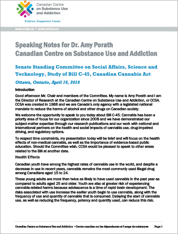 Presentation to the Senate Standing Committee on Social Affairs, Science and Technology, Study of Bill C-45, Canadian Cannabis Act