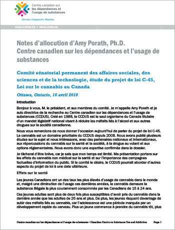 Présentation au Comité sénatorial permanent des affaires sociales, des sciences et de la technologie, étude du projet de loi C-45, Loi sur le cannabis au Canada