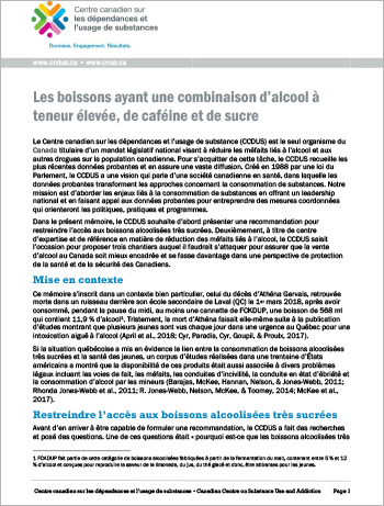 Présentation sur les boissons ayant une combinaison d’alcool à teneur élevée, de caféine et de sucre au Comité permanent de la santé