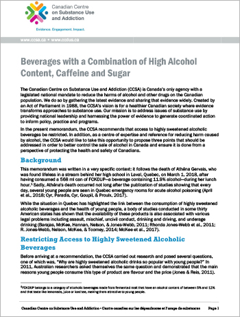 Presentation on pre-mixed drinks combining high alcohol, caffeine and sugar content to House of Commons’ Standing Committee on Health