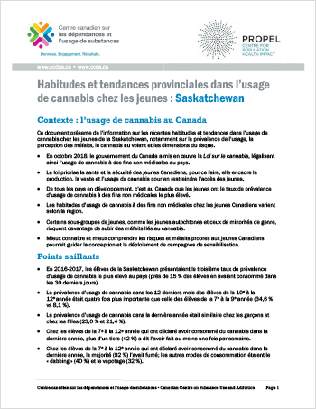 Habitudes et tendances provinciales dans l’usage de cannabis chez les jeunes : Saskatchewan