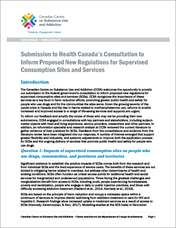 Submission to Health Canada consultation to inform proposed new regulations for supervised consumption sites and services