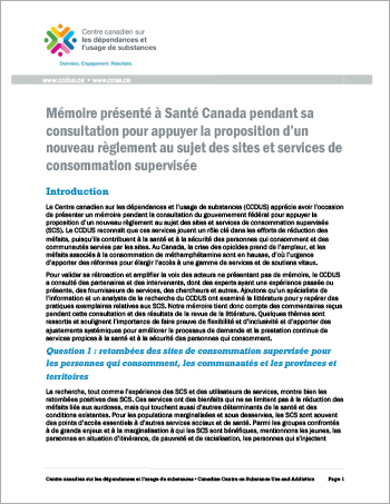 Mémoire présenté à Santé Canada pendant sa consultation pour appuyer la proposition d’un nouveau règlement au sujet des sites et services de consommation supervisée