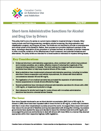 Short-term Administrative Sanctions for Alcohol and Drug Use by Drivers [Policy Brief] 