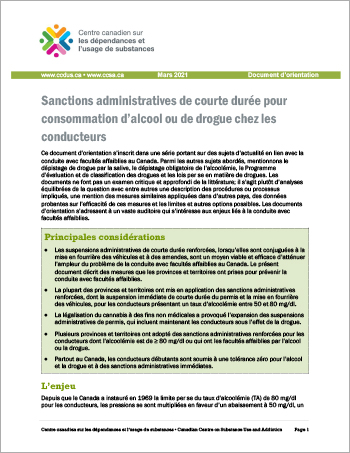 Sanctions administratives de courte durée pour consommation d’alcool ou de drogue chez les conducteurs [Document dorientation]