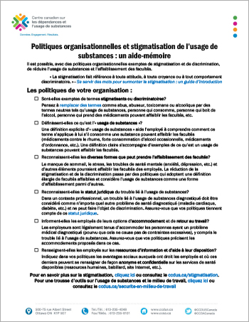 Politiques organisationnelles et stigmatisation de l’usage de substances : un aide-mémoire