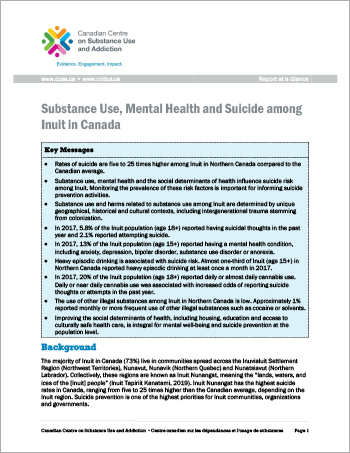 Substance Use, Mental Health and Suicide among Inuit in Canada (Report at a Glance)