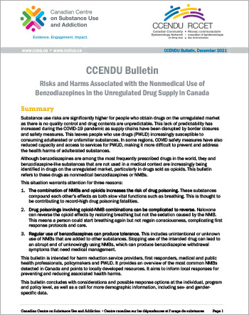 Risks and Harms Associated with the Nonmedical Use of Benzodiazepines in the Unregulated Drug Supply in Canada  (CCENDU Bulletin)