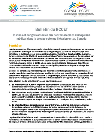 Risques et dangers associés aux benzodiazépines d’usage non médical dans la drogue obtenue illégalement au Canada (Bulletin du RCCET)