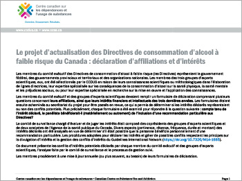 Le projet d’actualisation des Directives de consommation  d’alcool à faible risque du Canada : déclaration d’affiliations  et d’intérêts