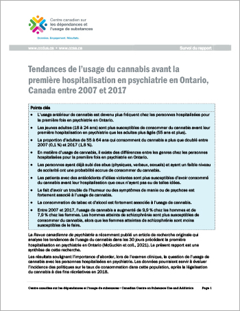 Tendances de l’usage du cannabis avant la première hospitalisation en psychiatrie en Ontario, Canada entre 2007 et 2017 (Survol du rapport)