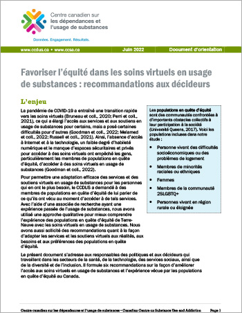 Favoriser l’équité dans les soins virtuels en usage de substances : recommandations aux décideurs