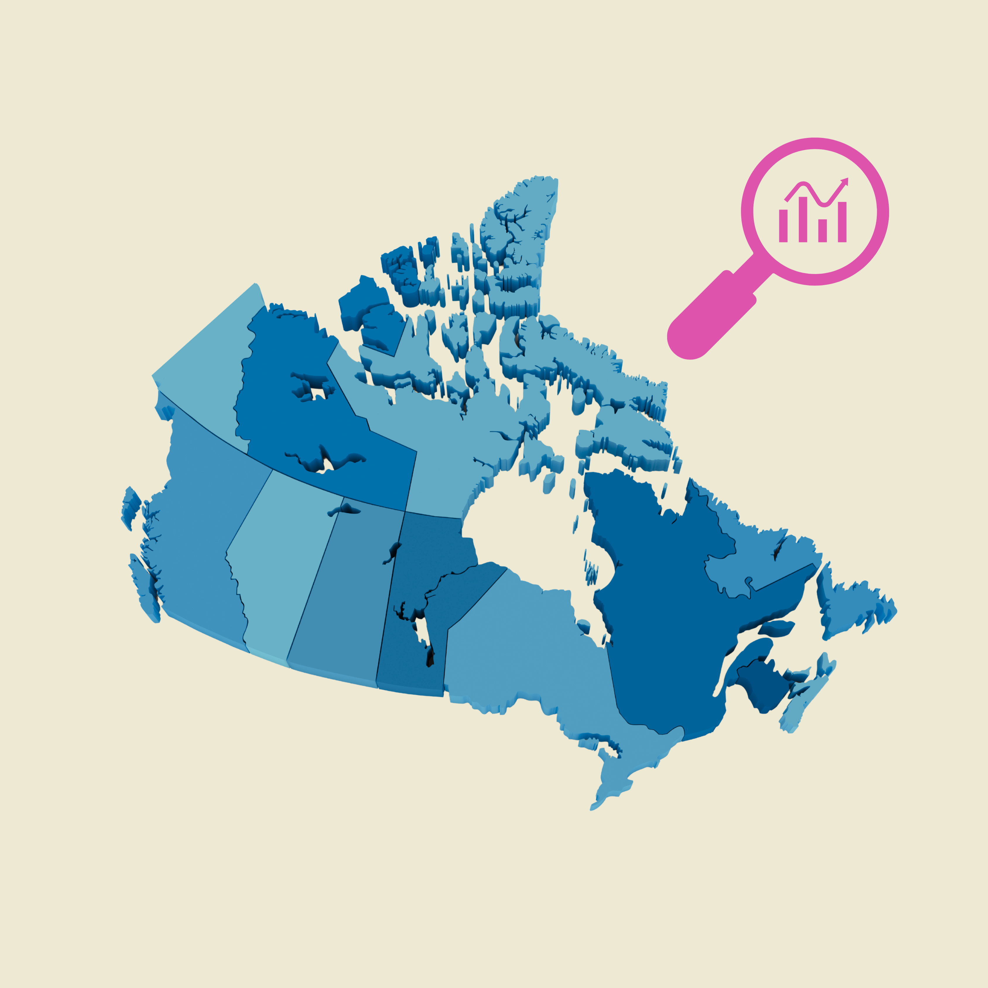 Carte du Canada avec l’icône d’une loupe et d’une flèche montante.