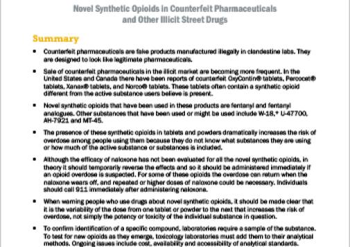 Novel Synthetic Opioids in Counterfeit Pharmaceuticals and Other Illicit Street Drugs (CCENDU Bulletin)
