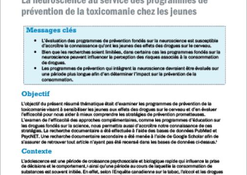 La neuroscience au service des programmes de prévention de la toxicomanie chez les jeunes (Résumé thématique)