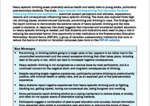 Heavy Episodic Drinking Among Post-secondary Students: Influencing Factors and Implications (Report at a Glance)
