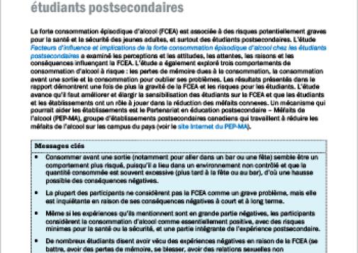 Facteurs d’influence et implications de la forte consommation épisodique d’alcool chez les étudiants postsecondaires (Survol du rapport)