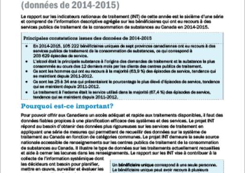 Traitement de la dépendance au Canada : rapport sur les indicateurs nationaux de traitement : Données de 2014-2015 (Survol du rapport)
