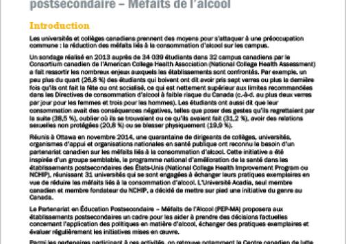Contexte du Partenariat en éducation postsecondaire – Méfaits de l’alcool