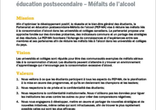 Convention d’engagement du Partenariat en éducation postsecondaire – Méfaits de l’alcool