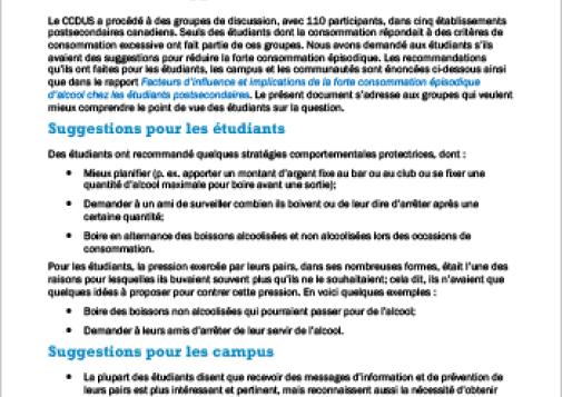 Réduire la forte consommation épisodique d’alcool : les suggestions des étudiants (Outil)
