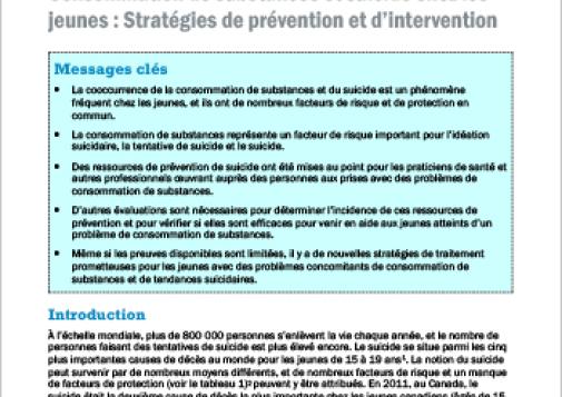 Consommation de substances et suicide chez les jeunes : Stratégies de prévention et d’intervention (Résumé thématique)