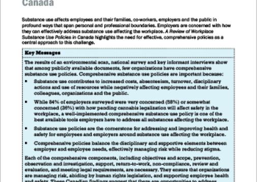 A Review of Workplace Substance Use Policies in Canada (Report at a Glance)