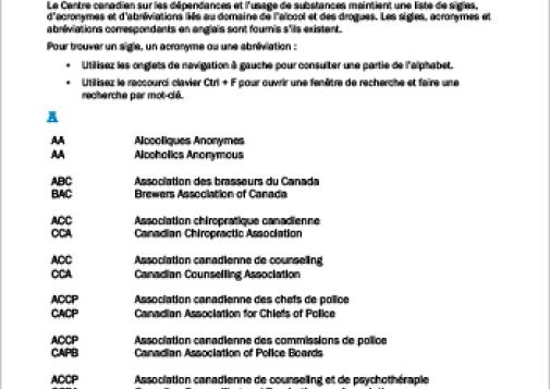 Acronymes et abréviations liés au domaine de la toxicomanie